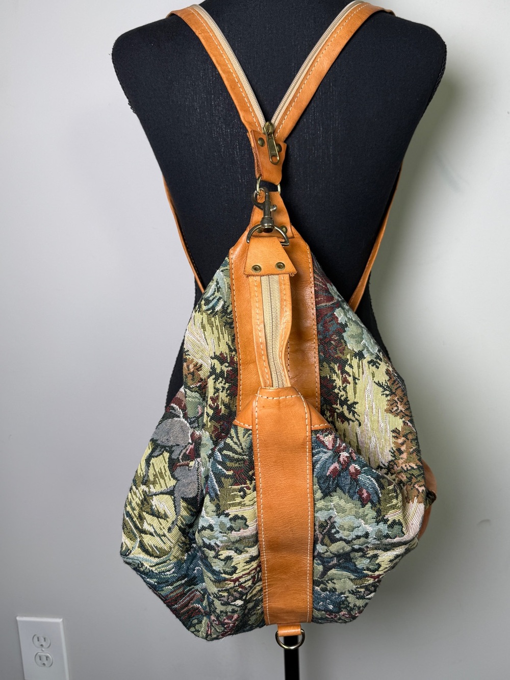 Vintage Paraguay Leather Tapestry Sling Backpack Boho Woodland Green Tan OS